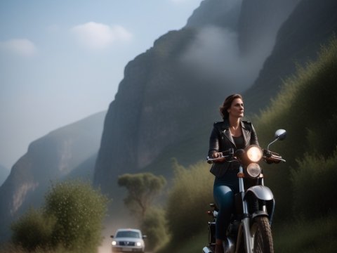 Woman Riding Motorcycle on Mountain Road at Dusk