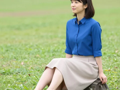 Woman Sitting on Grass in Blue Shirt and Beige Skirt