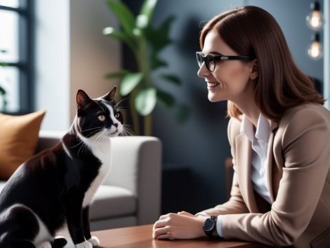Woman Smiling at Black and White Cat on Table