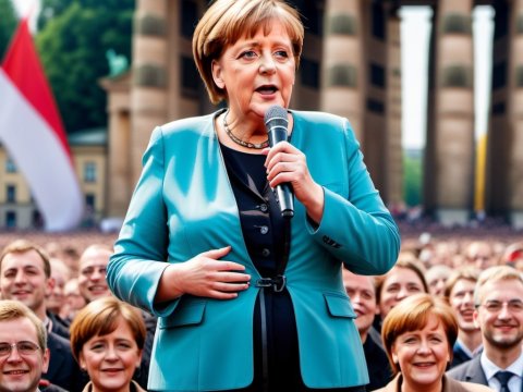 Woman Speaking at Public Rally with Historic Architecture