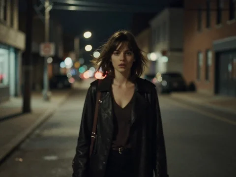 Woman Standing Alone on a Dimly Lit Street at Night
