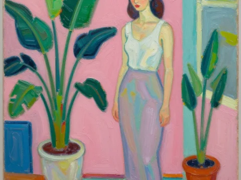 Woman Standing in a Colorful Room with Plants