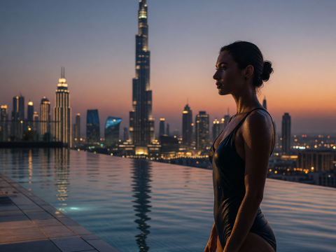 Woman Standing in Infinity Pool Overlooking Dubai Skyline at Dusk