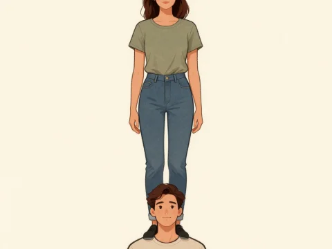 Woman Standing on Man's Shoulders in Casual Clothes