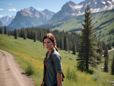 Woman Standing on Mountain Trail with Scenic View