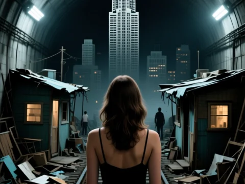 Woman Standing on Train Tracks Facing Cityscape at Night