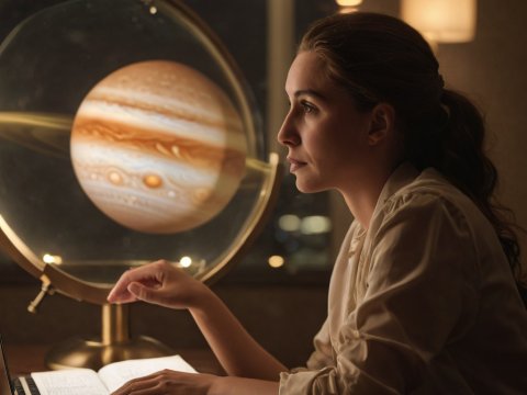 Woman Studying Jupiter Model in Warmly Lit Room