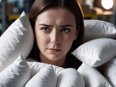 Woman Surrounded by White Pillows with Concerned Expression