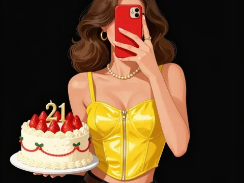Woman Taking Mirror Selfie with 21st Birthday Cake