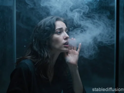 Woman Trapped in Glass Cage with Mist