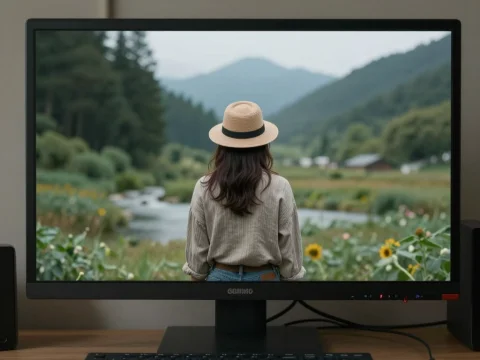 Woman Viewing Scenic Landscape on Computer Monitor