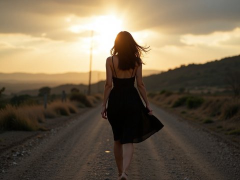 Woman Walking Alone on a Rural Road at Sunset