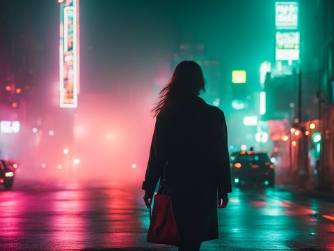 Woman Walking Alone on Foggy Neon-Lit City Street at Night