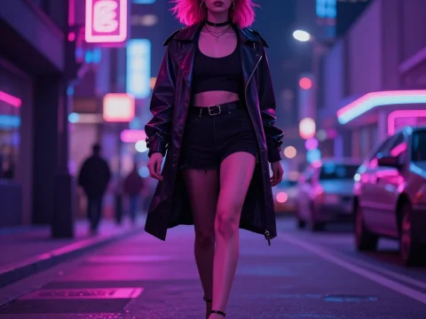 Woman Walking Confidently in Neon-Lit Urban Night