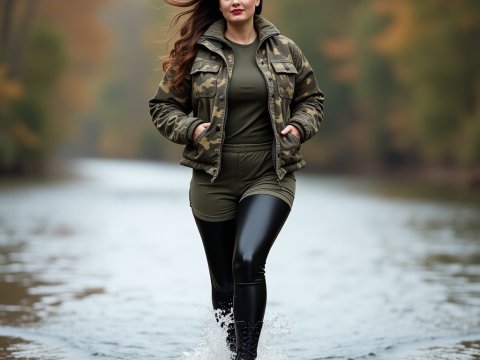 Woman Walking Confidently Through Shallow Water in Autumn