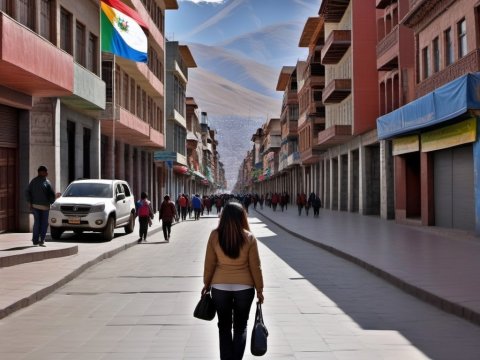 Woman Walking Down a Mountain-Backed City Street