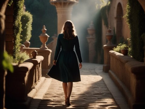 Woman Walking Through Sunlit Historic Courtyard