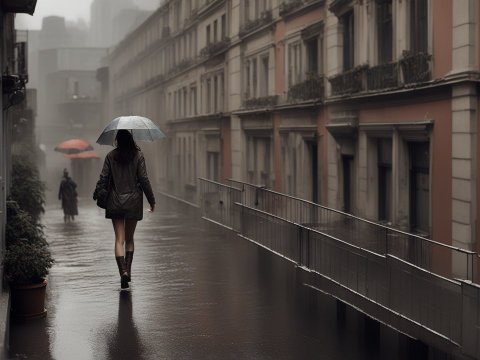 Woman Walking with Umbrella on Rainy Urban Street