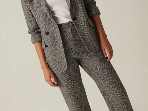 Woman Wearing Stylish Checked Suit with White Top