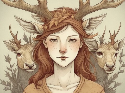 Woman with Deer Antlers and Two Deer Companions