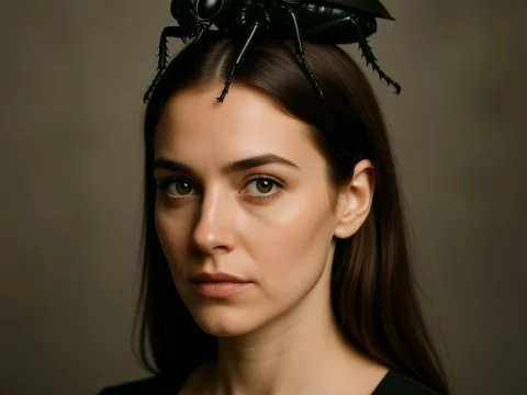 Woman with Giant Black Beetle on Head