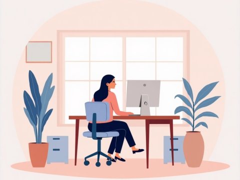 Woman Working at Desk in Minimalist Home Office