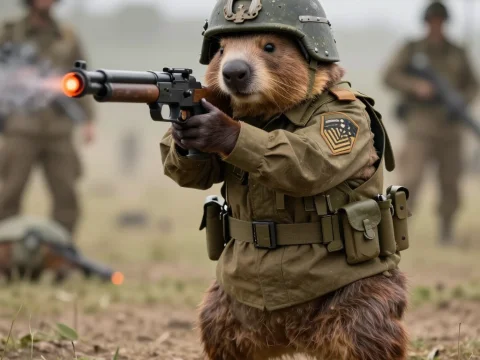 Wombat Warrior in Military Gear on Battlefield
