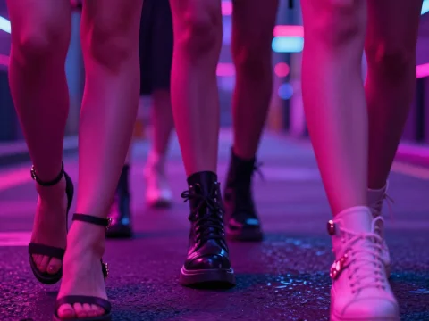 Women Walking in Stylish Footwear Under Neon City Lights