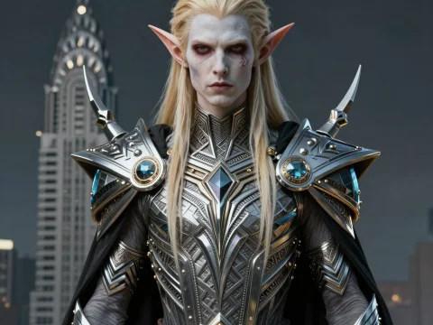 Wood Elf Cleric in Ornate Armor with Cityscape Background