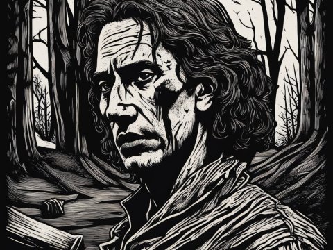 Woodcut Style Portrait of a Somber Man in a Forest
