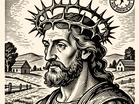 Woodcut Style Portrait of Jesus with Crown of Thorns