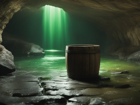 Wooden Barrel in a Mystical Cave with Green Light