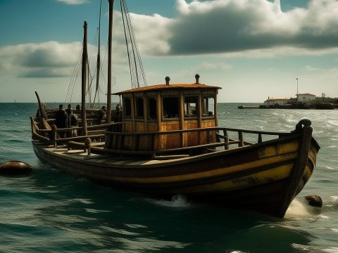 Wooden Boat Sailing Near Coastal Village