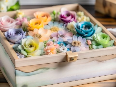 Wooden Box Filled with Colorful Pastel Flowers