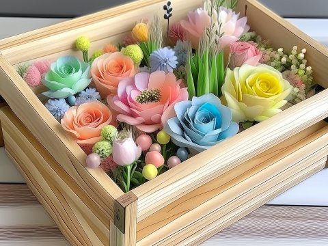 Wooden Crate Filled with Colorful Pastel Flowers