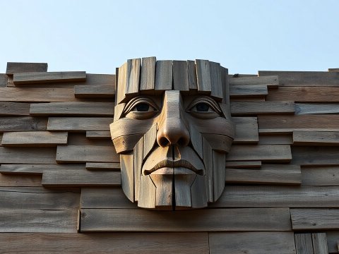 Wooden Face Sculpture Integrated into Wall