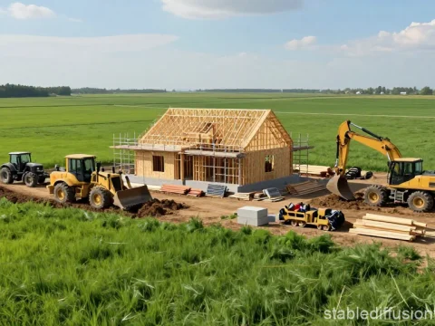 Wooden House Construction Site with Heavy Machinery in Green Field