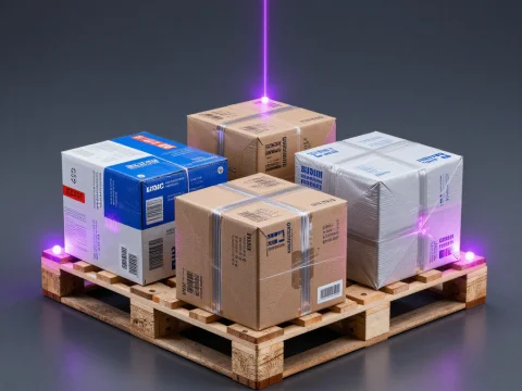 Wooden Pallet with Cardboard Boxes and Purple Laser Lights
