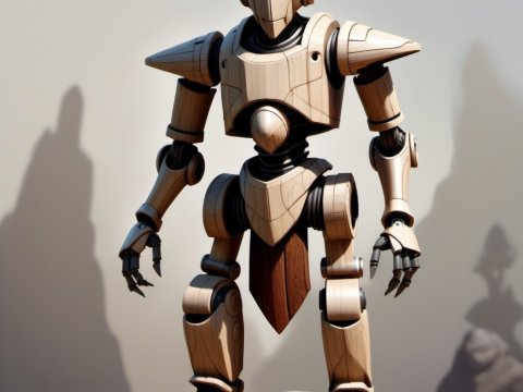 Wooden Robot with Blue Eyes Standing on Stone Pedestal