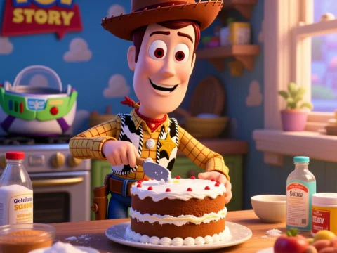 Woody from Toy Story Baking a Cake in a Cozy Kitchen