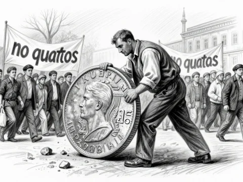 Worker Struggling with Giant Coin Amid Protest
