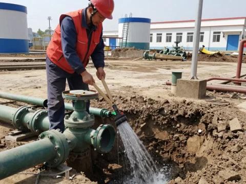 Worker Testing Water Flow at Oil Discovery Site