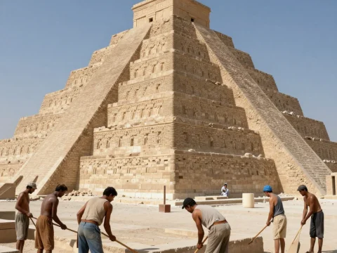 Workers Demolishing an Ancient Ziggurat Under Clear Sky