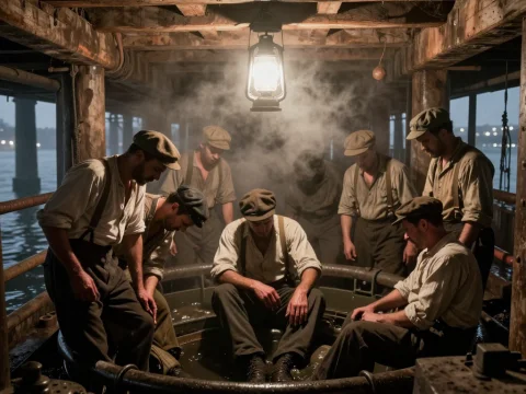 Workers Experiencing the Bends in a Dimly Lit Industrial Setting