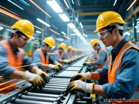 Workers on a Busy Factory Assembly Line