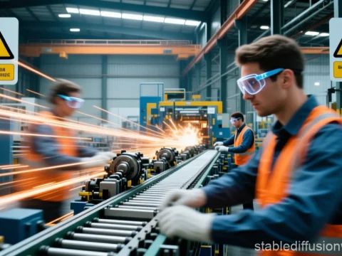 Workers on a Busy Warehouse Assembly Line with Safety Gear