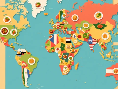 World Map Illustrated with Iconic Foods from Each Country