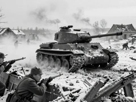 World War II Battle Scene with Tiger I Tank in Winter
