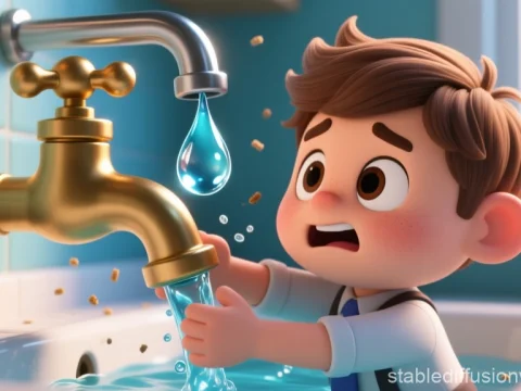 Worried Boy Trying to Catch Water from a Leaky Faucet