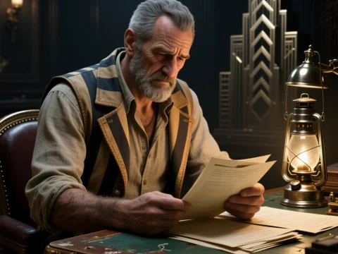 Worried Elderly Man Reading Documents by Lantern Light